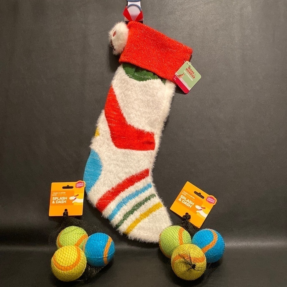 More & Merrier Pet Stocking and Leaps Bounds Lot of 2 Tennis Balls.